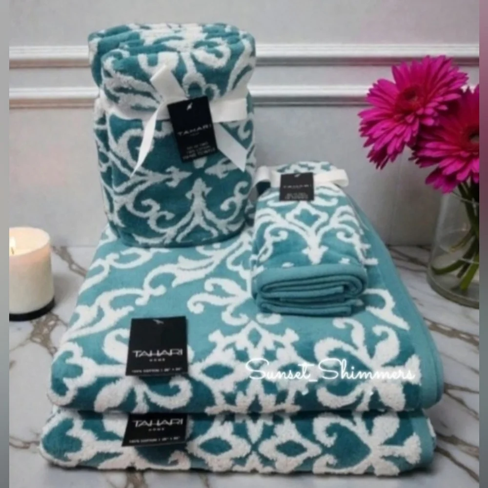 6 Piece Tahari Luxury Plush Damask Jacquard Scroll Bath Hand Tip Towel Set NEW